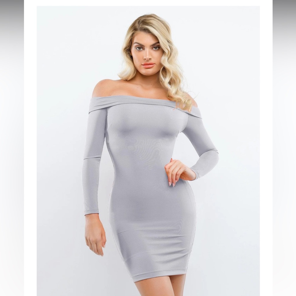 Popilush Shapewear Dress Off Shoulder Long Sleeve Midi